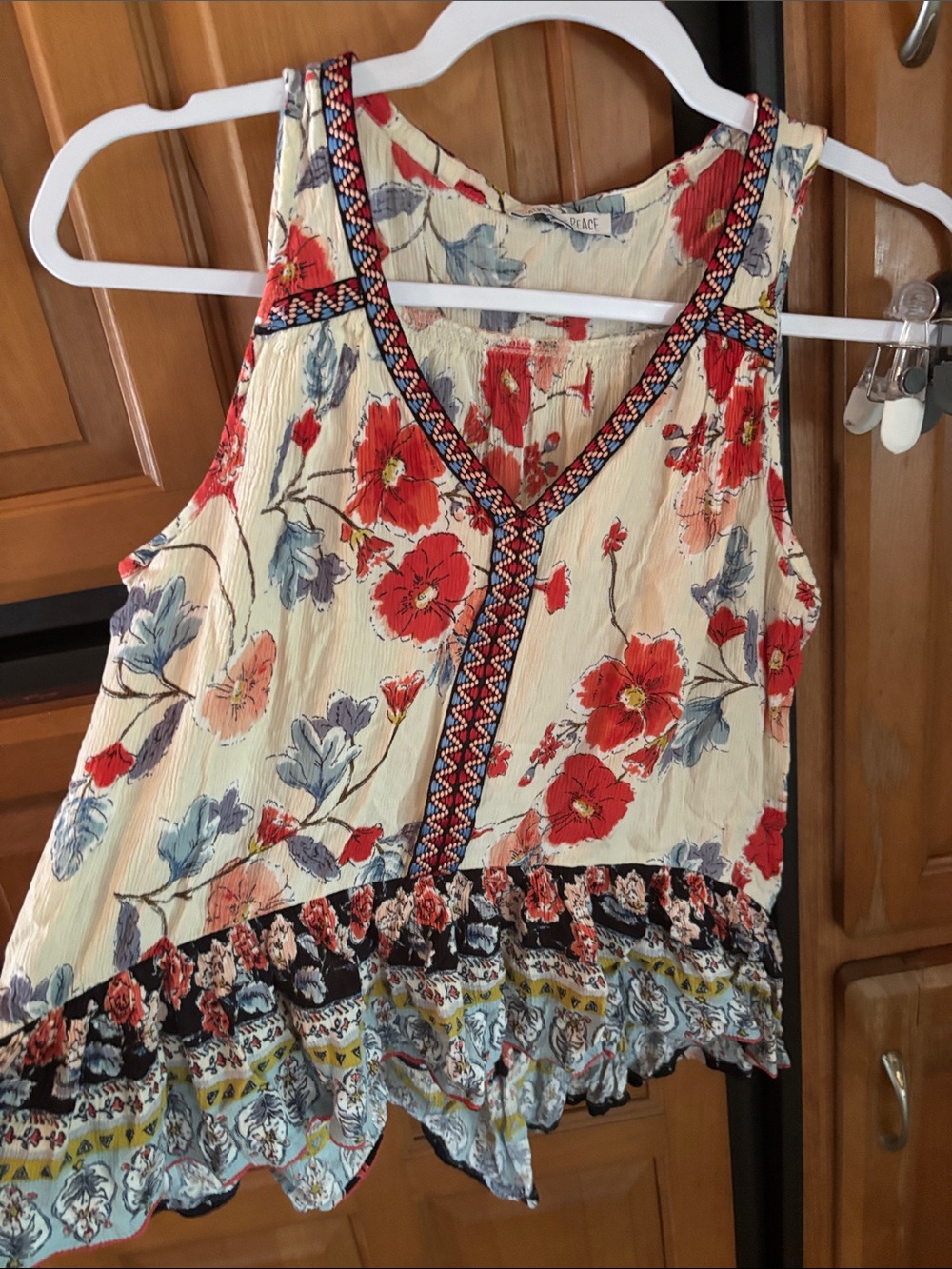 Patrons of Peace Cream Floral V-Neck Camisole with Red Accents